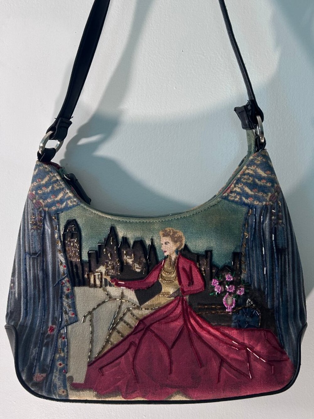 Frankie & Johnnie Vintage Beaded Lady Cityscape Shoulder Bag Purse